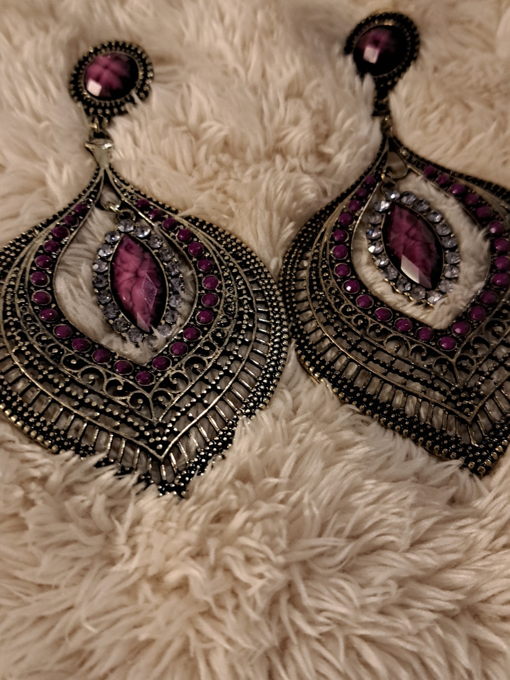 Purple Stone Filigree Drop Earrings _with White Crystal Accent Stones